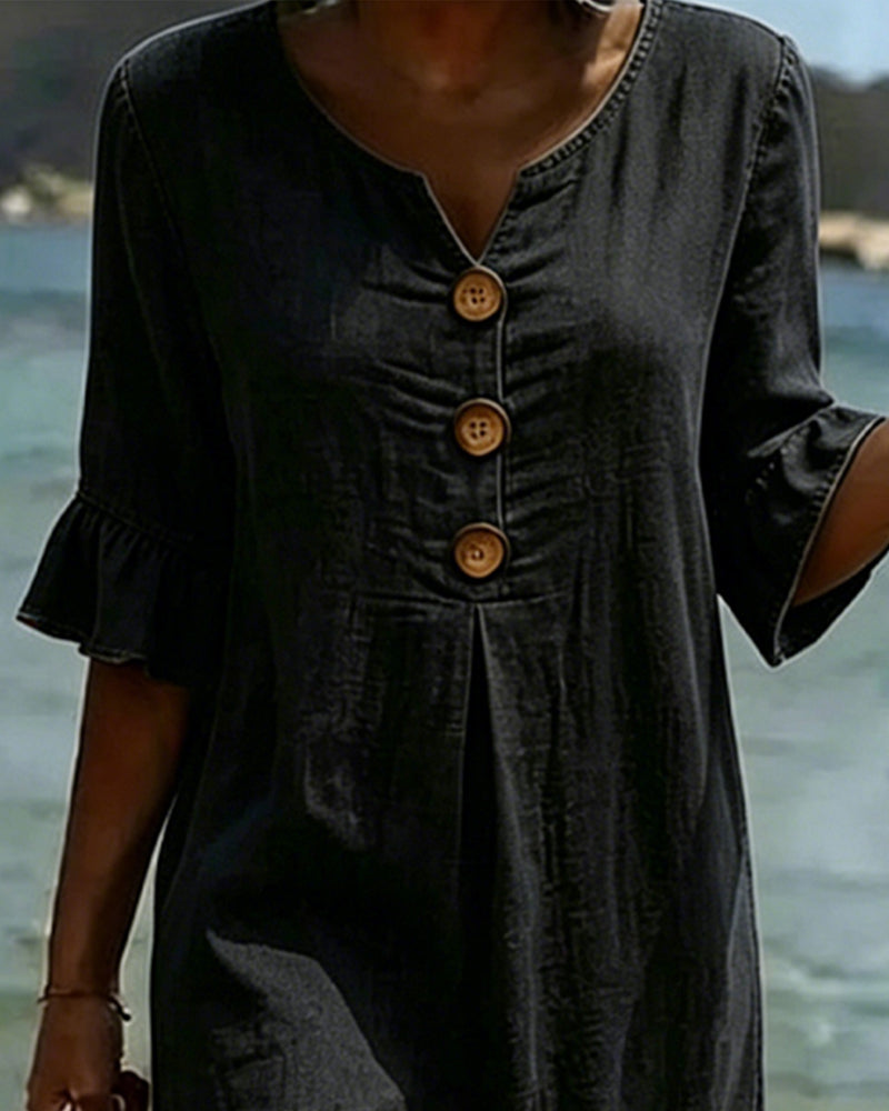 Vestido con estampado de hojas de loto y mangas de vaqueros