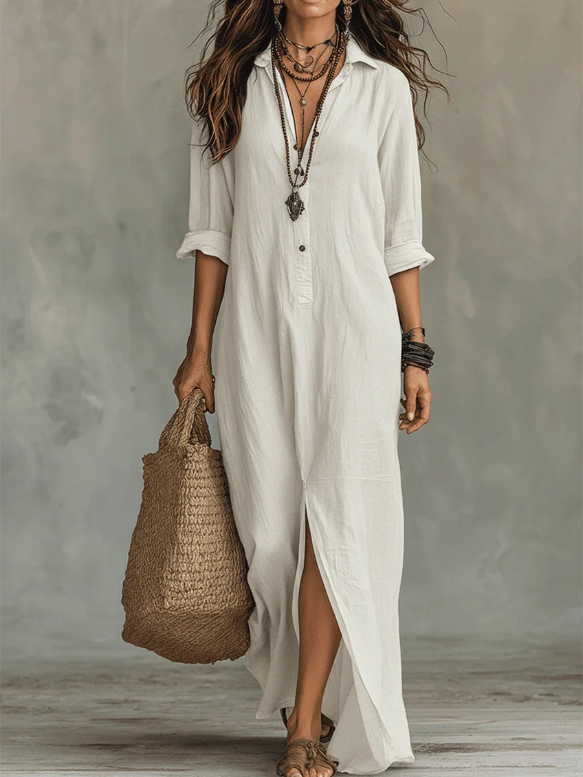 Lara™ | Vestido largo negro holgado con botones