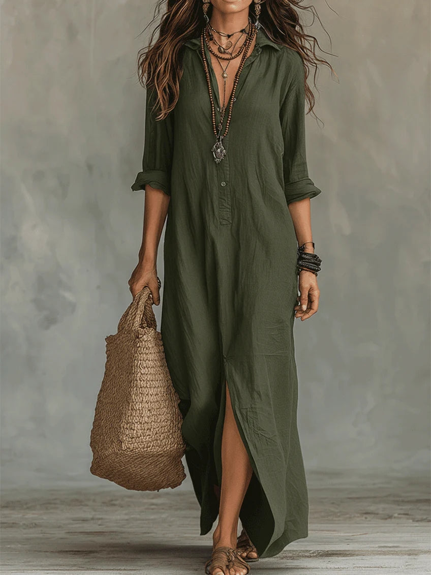 Lara™ | Vestido largo negro holgado con botones
