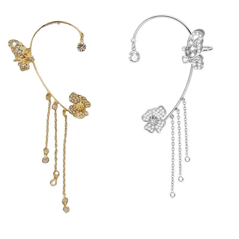 💕50 % de réduction💕 Boucles d'oreilles pendantes clips, motif papillon et fleur avec pompons - Élégantes et confortables, pas besoin de percer les oreilles 🌸🦋