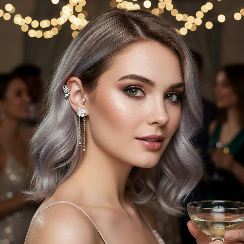 💕50 % de réduction💕 Boucles d'oreilles pendantes clips, motif papillon et fleur avec pompons - Élégantes et confortables, pas besoin de percer les oreilles 🌸🦋