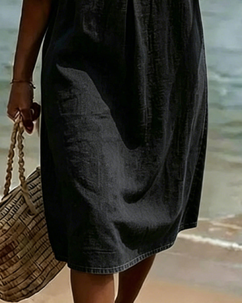 Vestido con estampado de hojas de loto y mangas de vaqueros
