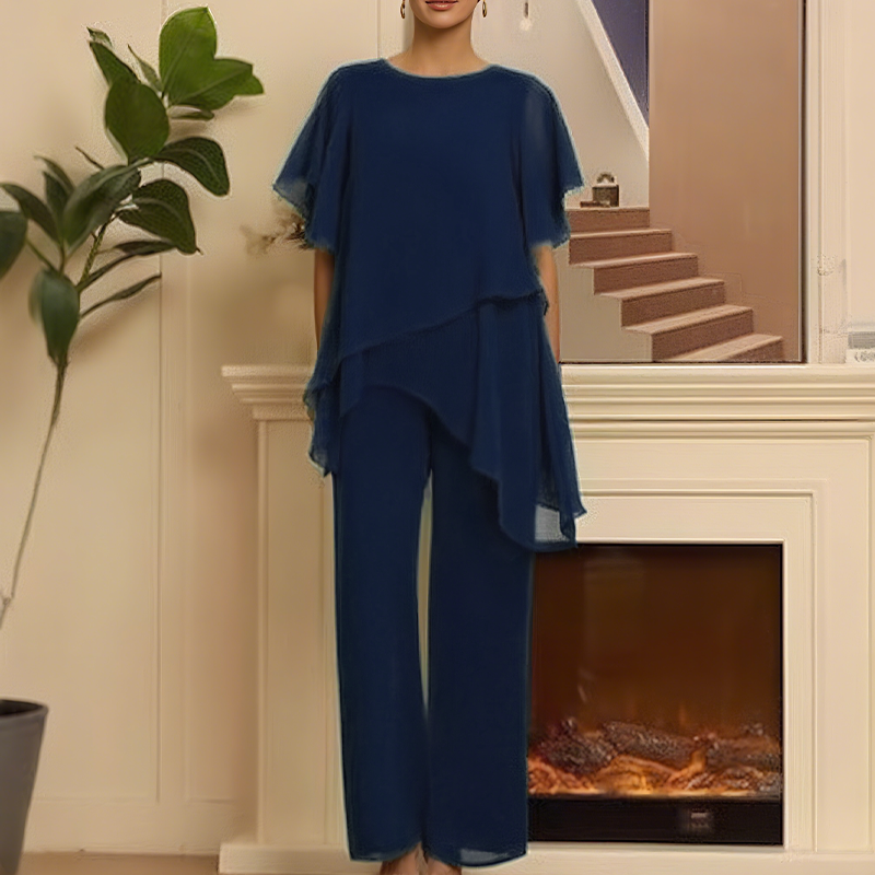 Conjunto de dos piezas para mujer: un precioso top asimétrico y unos pantalones de pierna ancha
