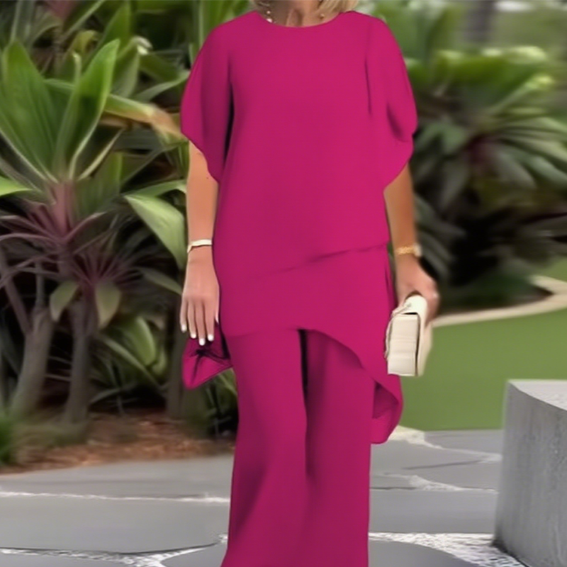 Conjunto de dos piezas para mujer: un precioso top asimétrico y unos pantalones de pierna ancha