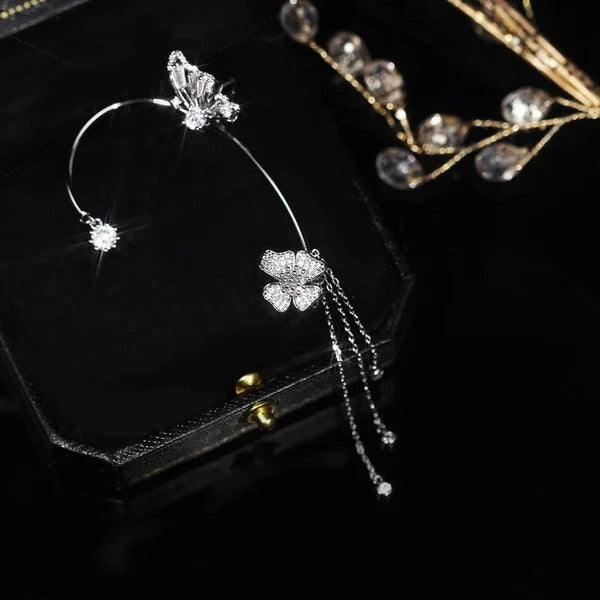 💕50 % de réduction💕 Boucles d'oreilles pendantes clips, motif papillon et fleur avec pompons - Élégantes et confortables, pas besoin de percer les oreilles 🌸🦋