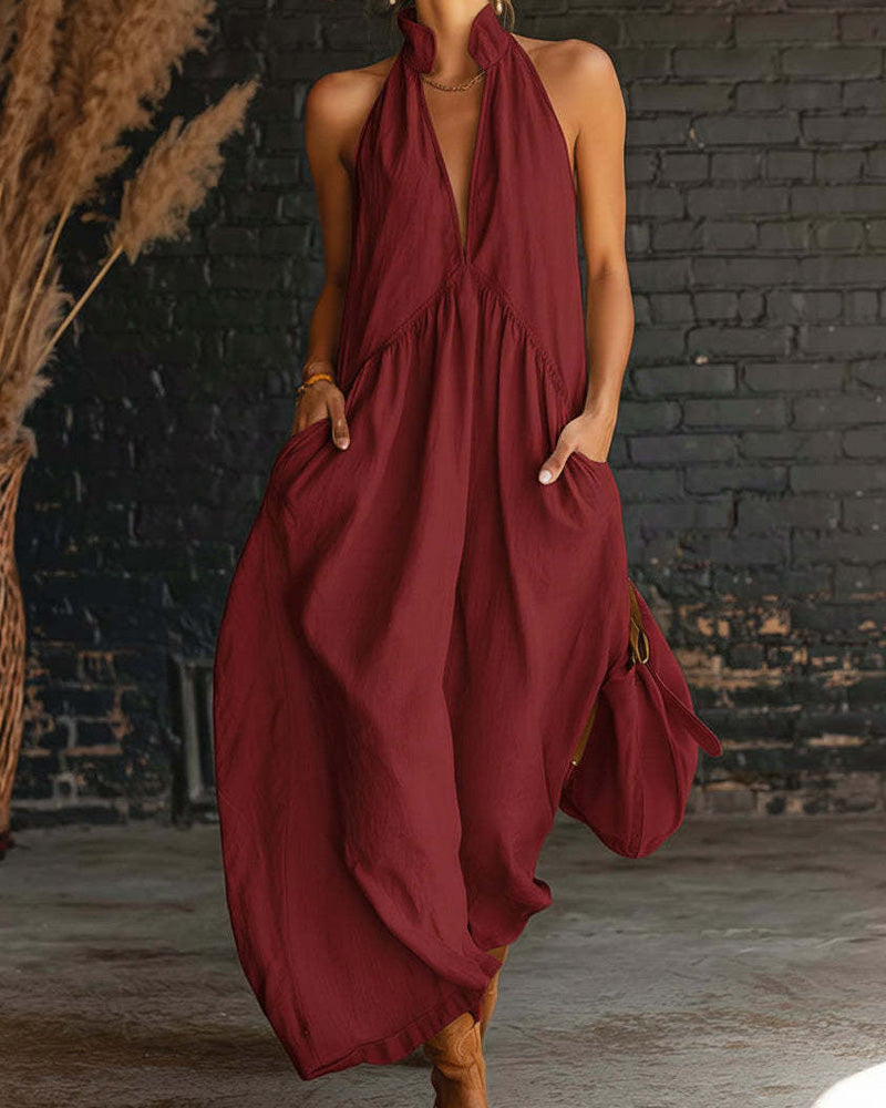 Vestido sin mangas, con cuello alto, liso, largo