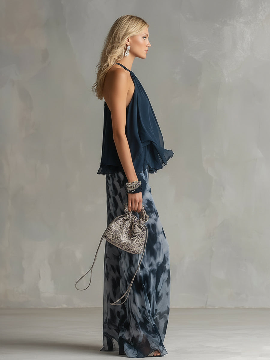 Ludovica | un elegante conjunto de gasa con top de cuello alto y pantalones anchos estampados
