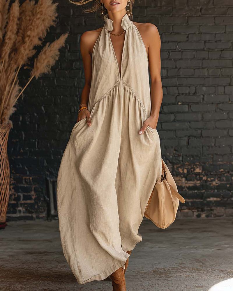 Vestido sin mangas, con cuello alto, liso, largo