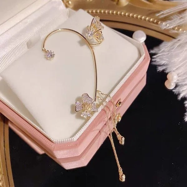 💕50 % de réduction💕 Boucles d'oreilles pendantes clips, motif papillon et fleur avec pompons - Élégantes et confortables, pas besoin de percer les oreilles 🌸🦋