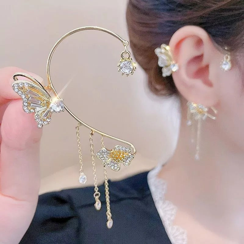 💕50 % de réduction💕 Boucles d'oreilles pendantes clips, motif papillon et fleur avec pompons - Élégantes et confortables, pas besoin de percer les oreilles 🌸🦋