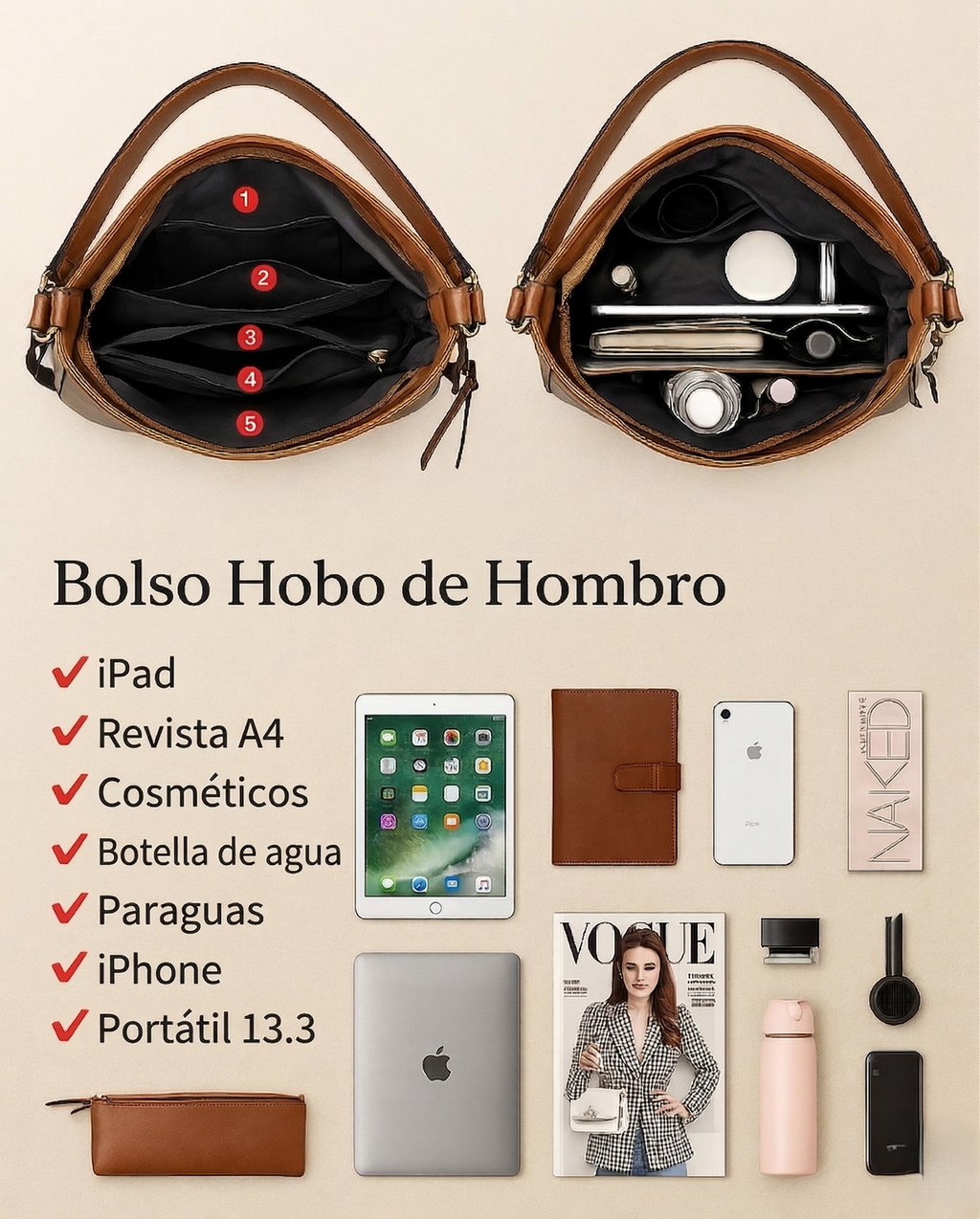 Luxury Bolso hobo de piel anti robo
