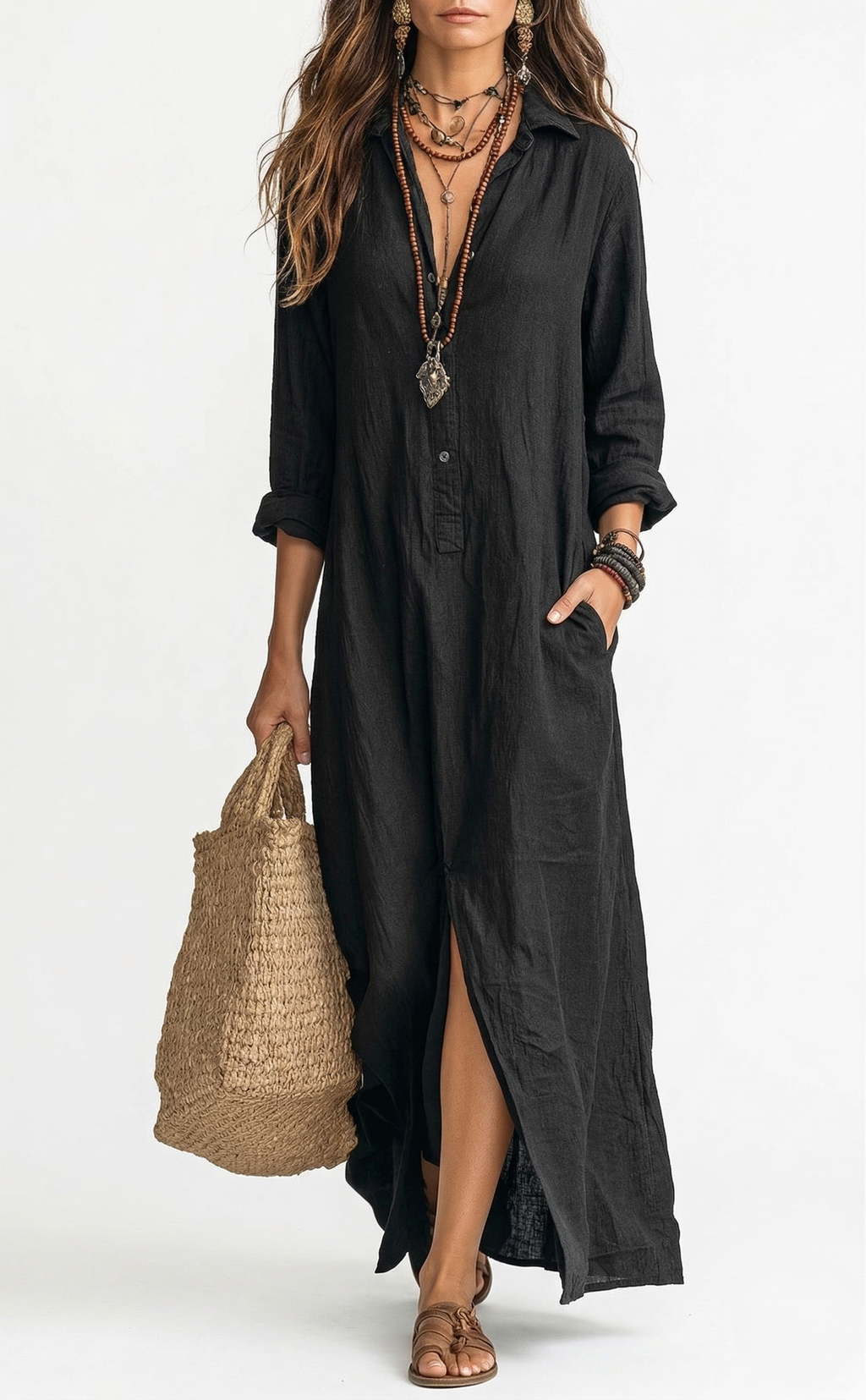 Lara™ | Vestido largo negro holgado con botones