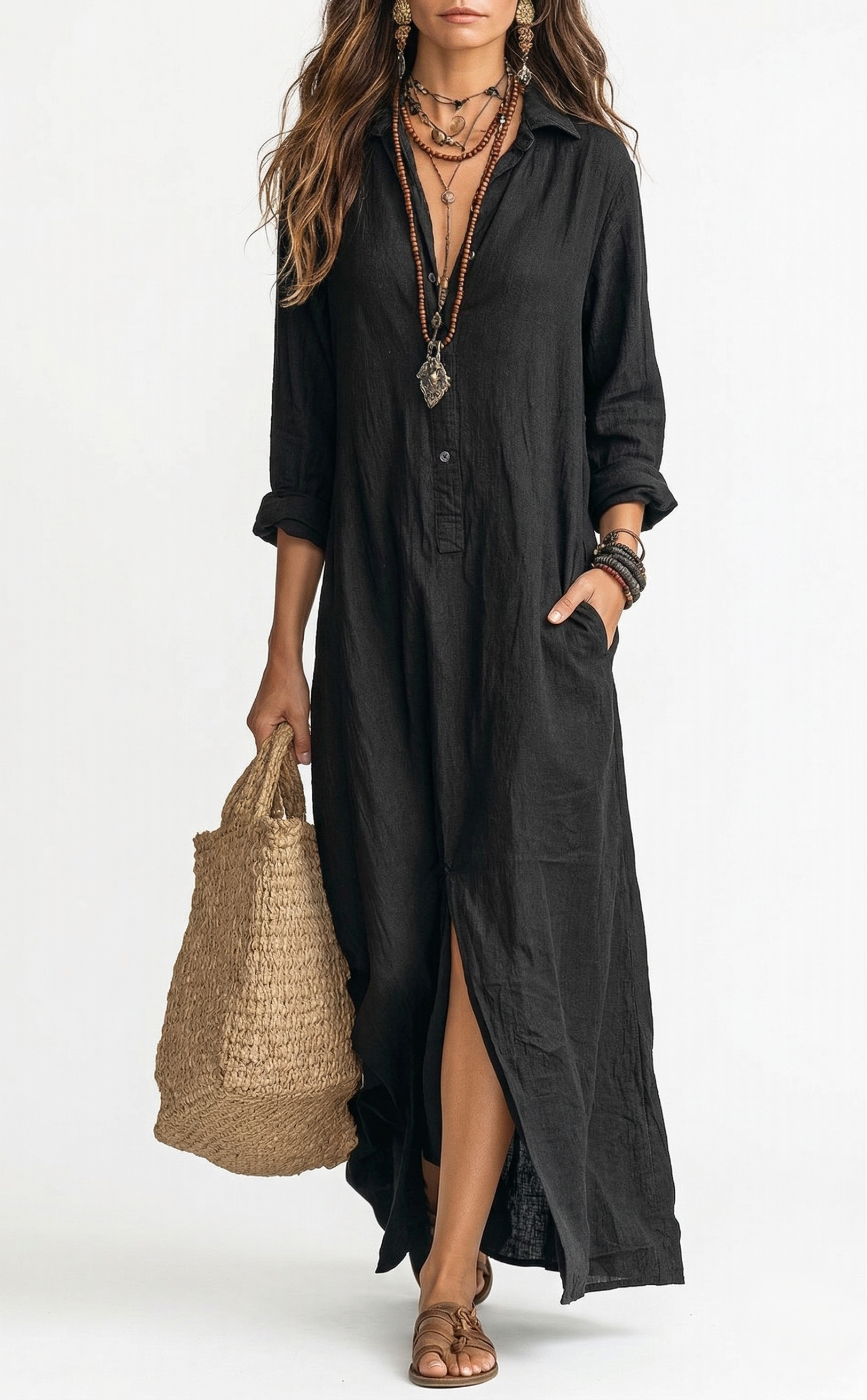 Lara™ | Vestido largo negro holgado con botones