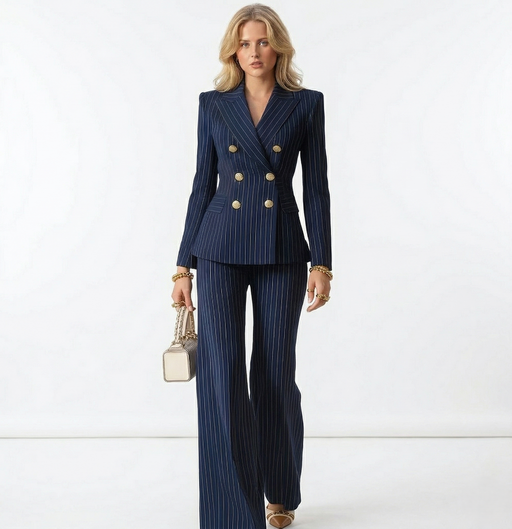 Conjunto de traje de doble botonadura a rayas para mujer