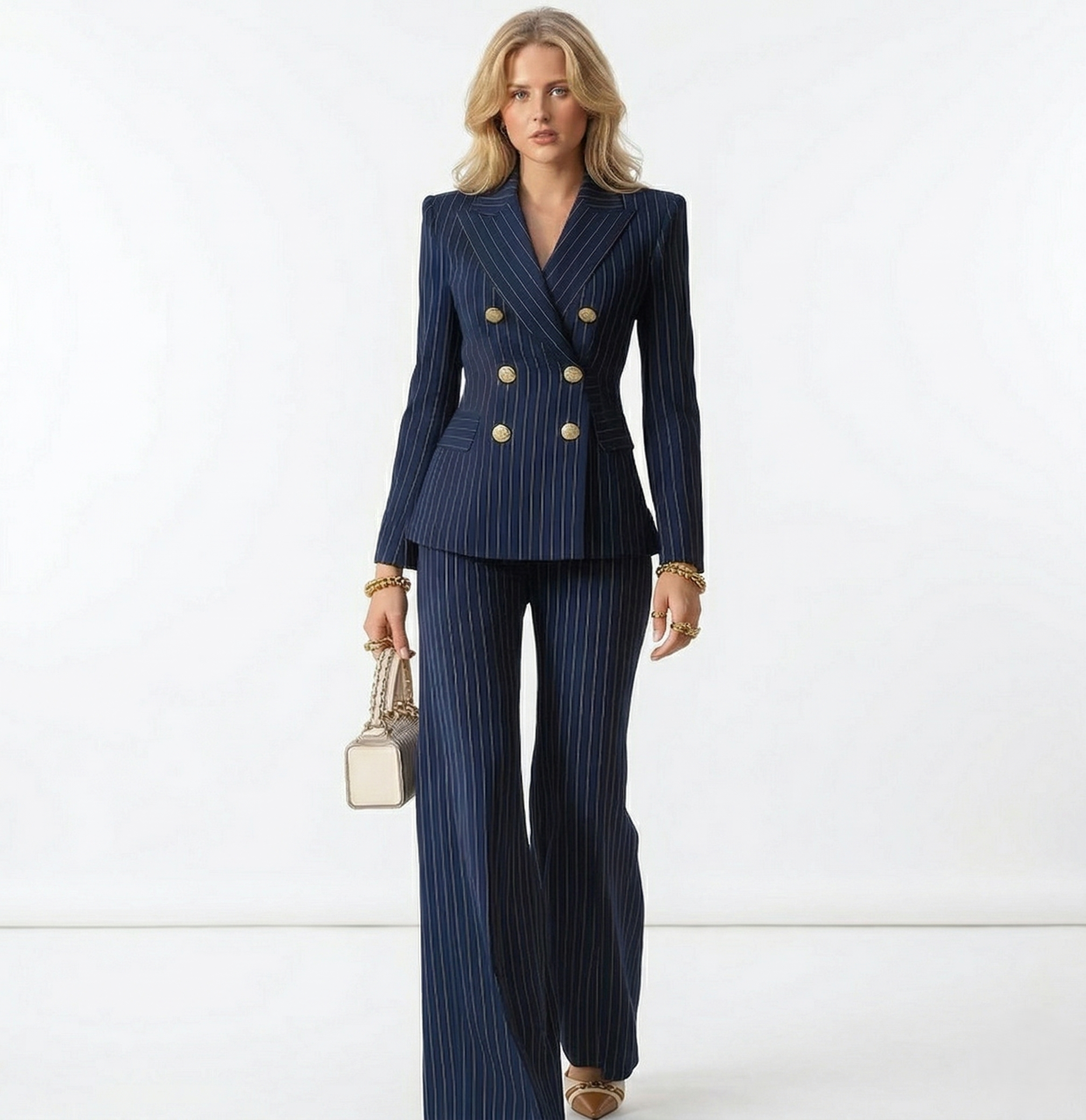 Conjunto de traje de doble botonadura a rayas para mujer