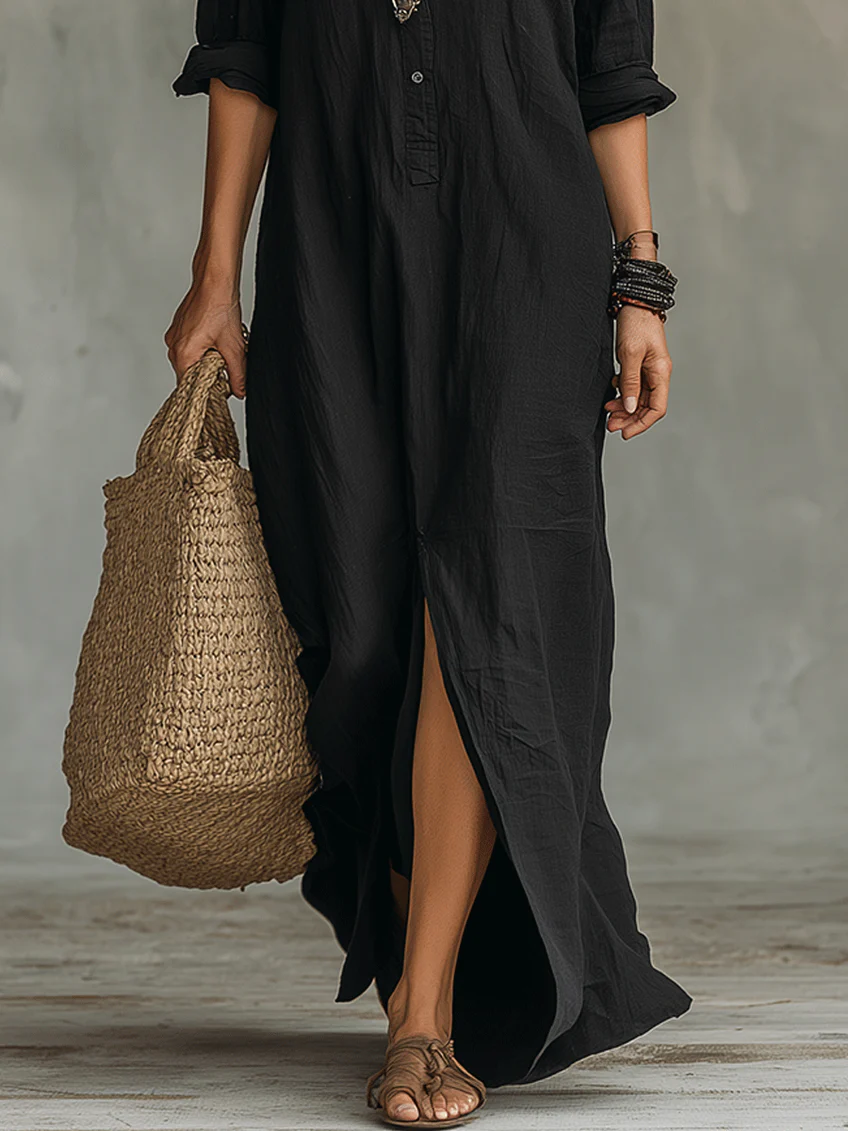 Lara™ | Vestido largo negro holgado con botones