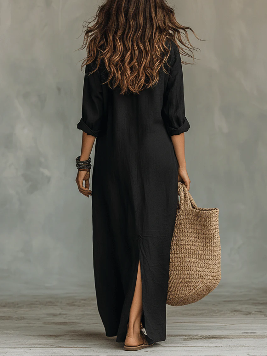 Lara™ | Vestido largo negro holgado con botones