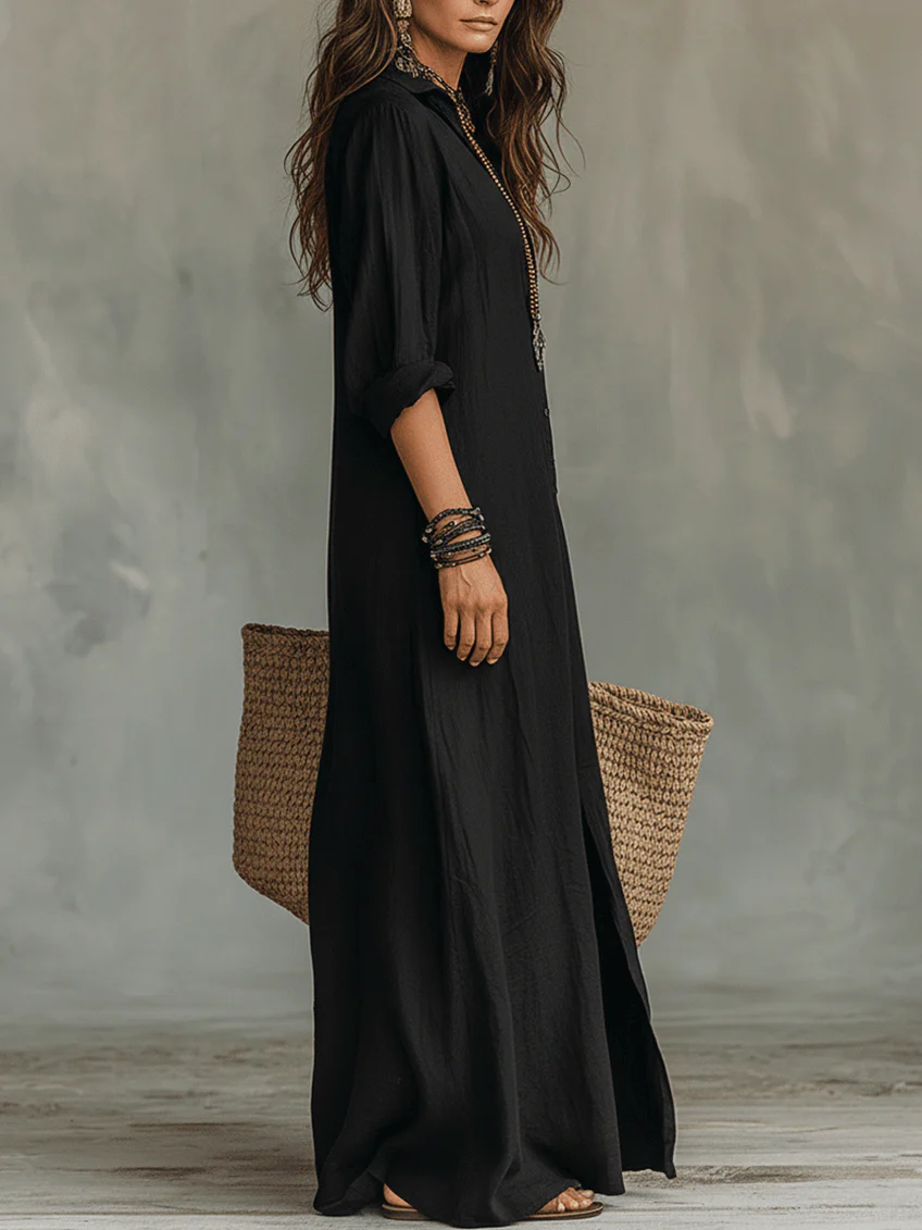 Lara™ | Vestido largo negro holgado con botones