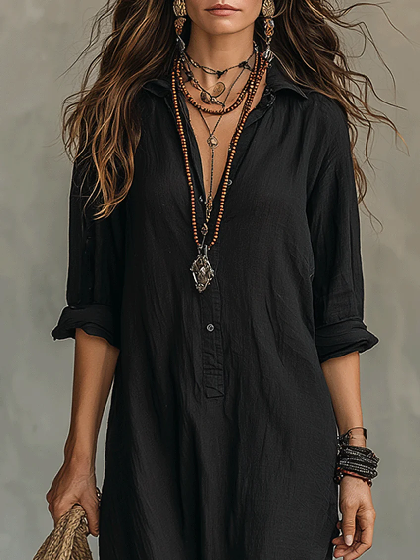 Lara™ | Vestido largo negro holgado con botones