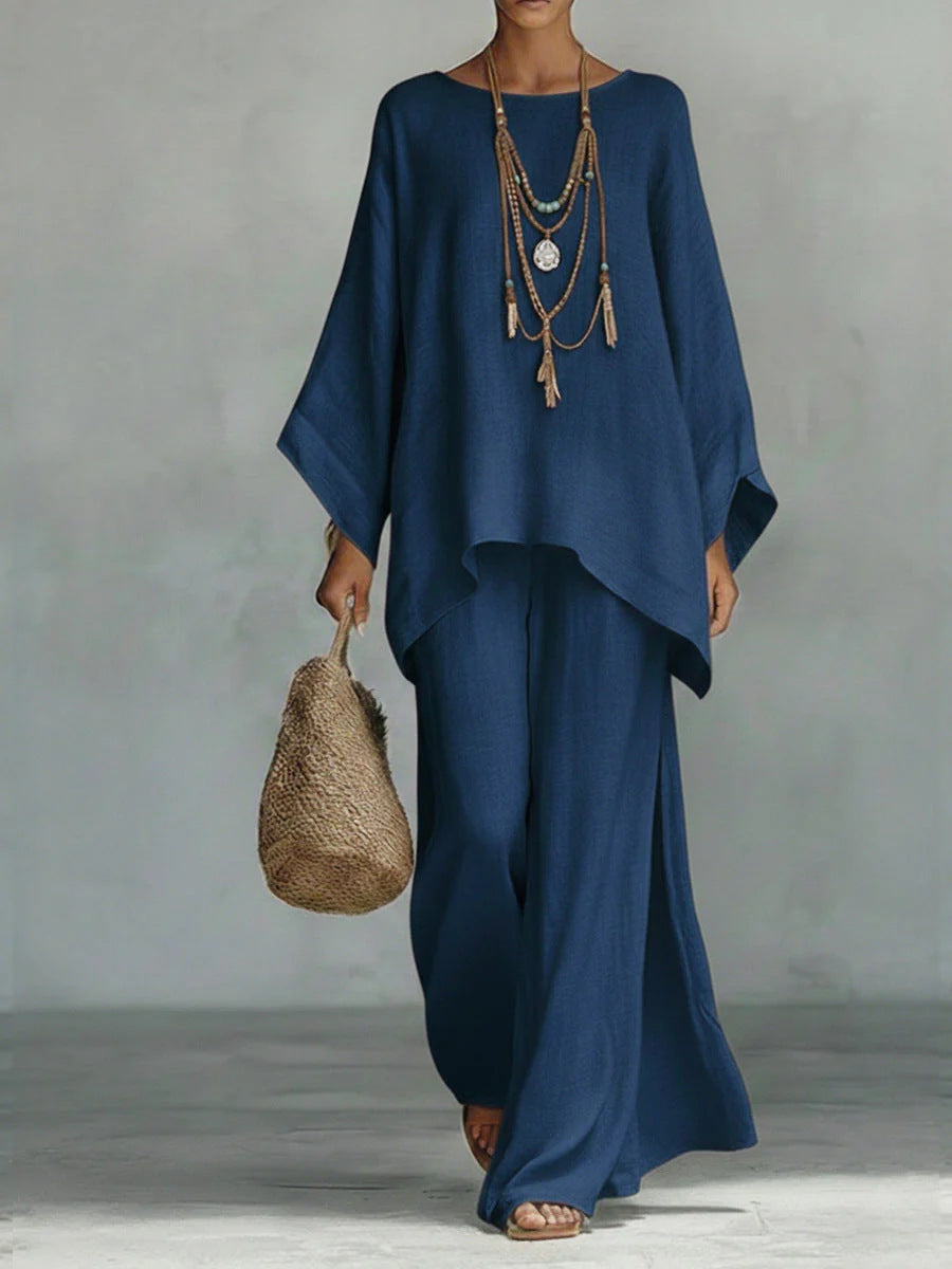 Beatrice - Conjunto de top y pantalones holgados en mezcla de lino de estilo minimalista
