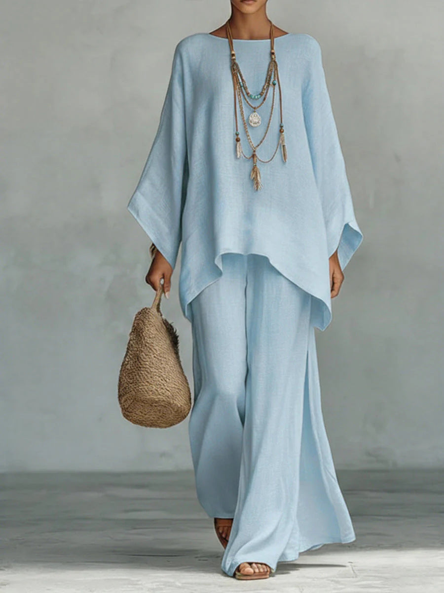 Beatrice - Conjunto de top y pantalones holgados en mezcla de lino de estilo minimalista