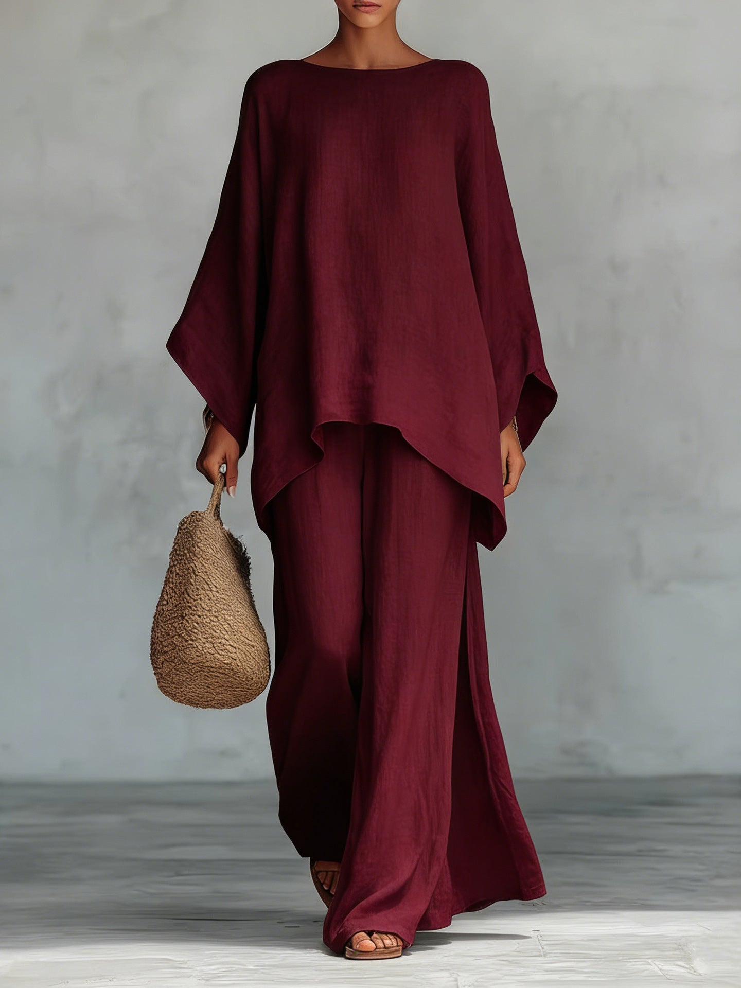 Beatrice - Conjunto de top y pantalones holgados en mezcla de lino de estilo minimalista