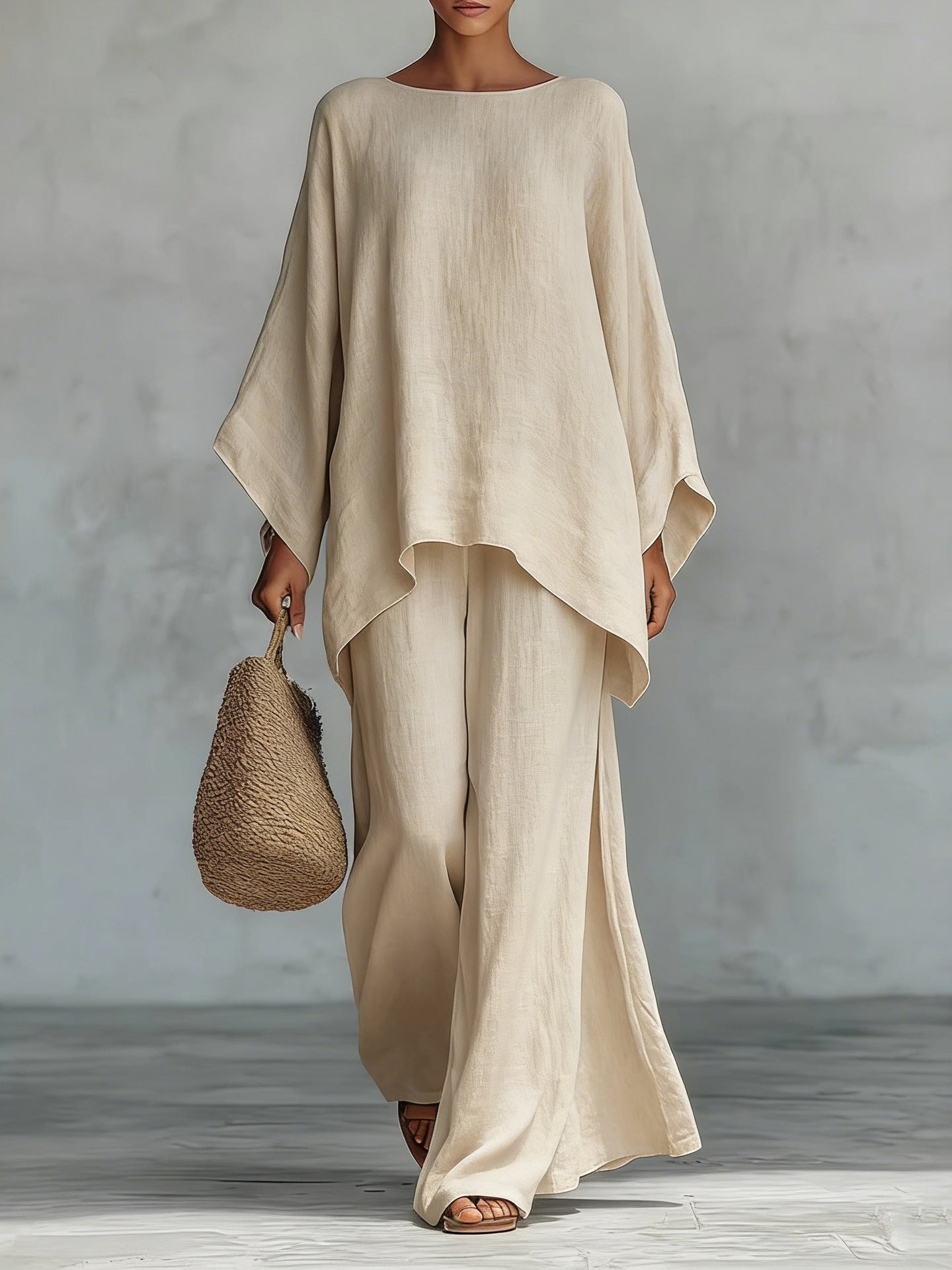 Beatrice - Conjunto de top y pantalones holgados en mezcla de lino de estilo minimalista