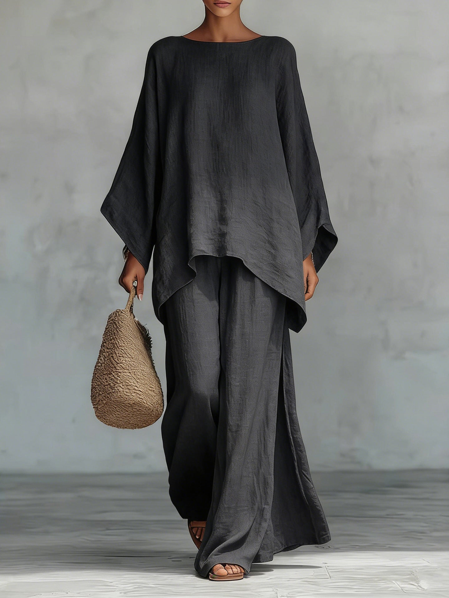 Beatrice - Conjunto de top y pantalones holgados en mezcla de lino de estilo minimalista