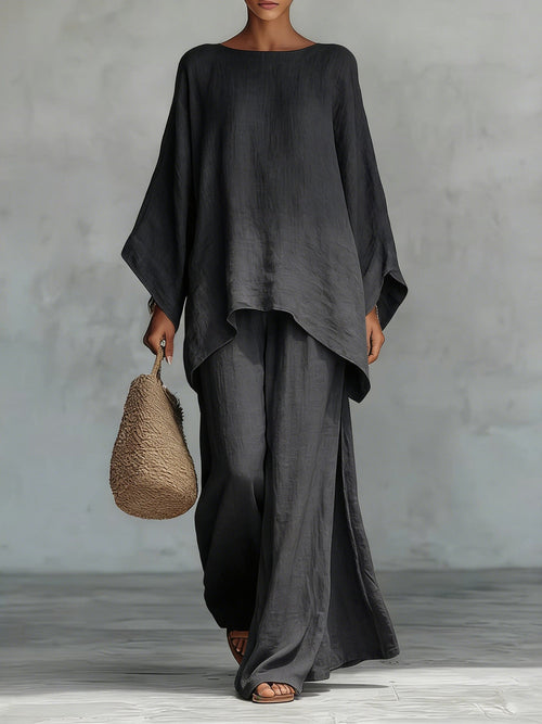 Beatrice - Conjunto de top y pantalones holgados en mezcla de lino de estilo minimalista