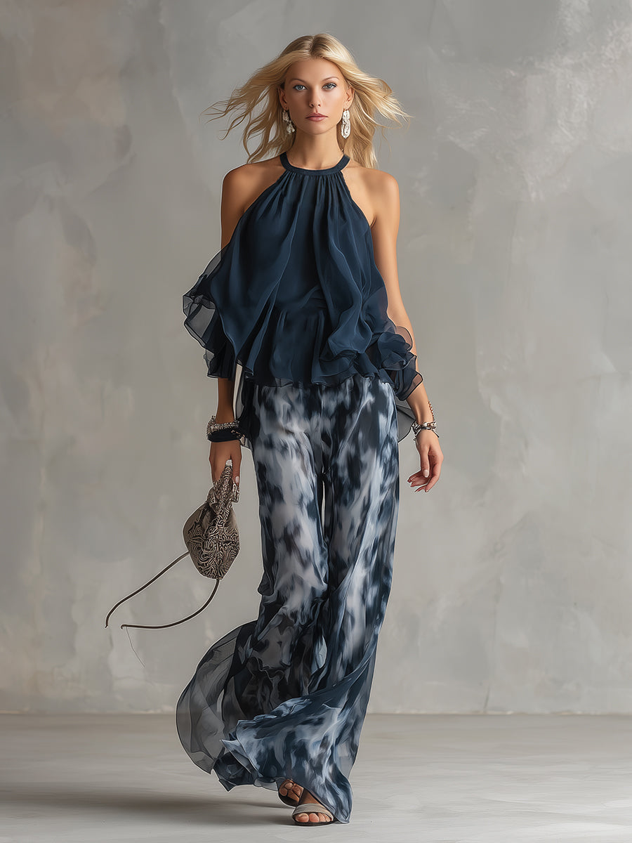 Ludovica | un elegante conjunto de gasa con top de cuello alto y pantalones anchos estampados