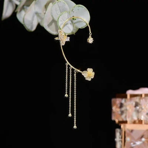 💕50 % de réduction💕 Boucles d'oreilles pendantes clips, motif papillon et fleur avec pompons - Élégantes et confortables, pas besoin de percer les oreilles 🌸🦋