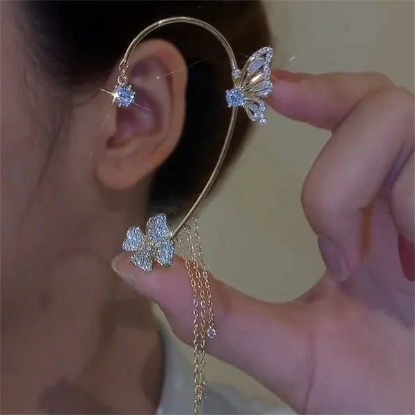 💕50 % de réduction💕 Boucles d'oreilles pendantes clips, motif papillon et fleur avec pompons - Élégantes et confortables, pas besoin de percer les oreilles 🌸🦋