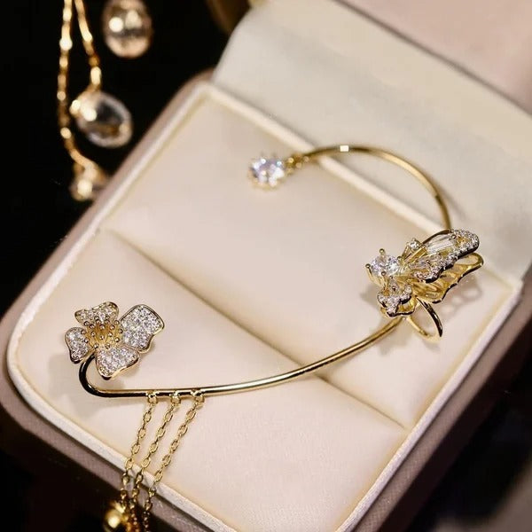 💕50 % de réduction💕 Boucles d'oreilles pendantes clips, motif papillon et fleur avec pompons - Élégantes et confortables, pas besoin de percer les oreilles 🌸🦋