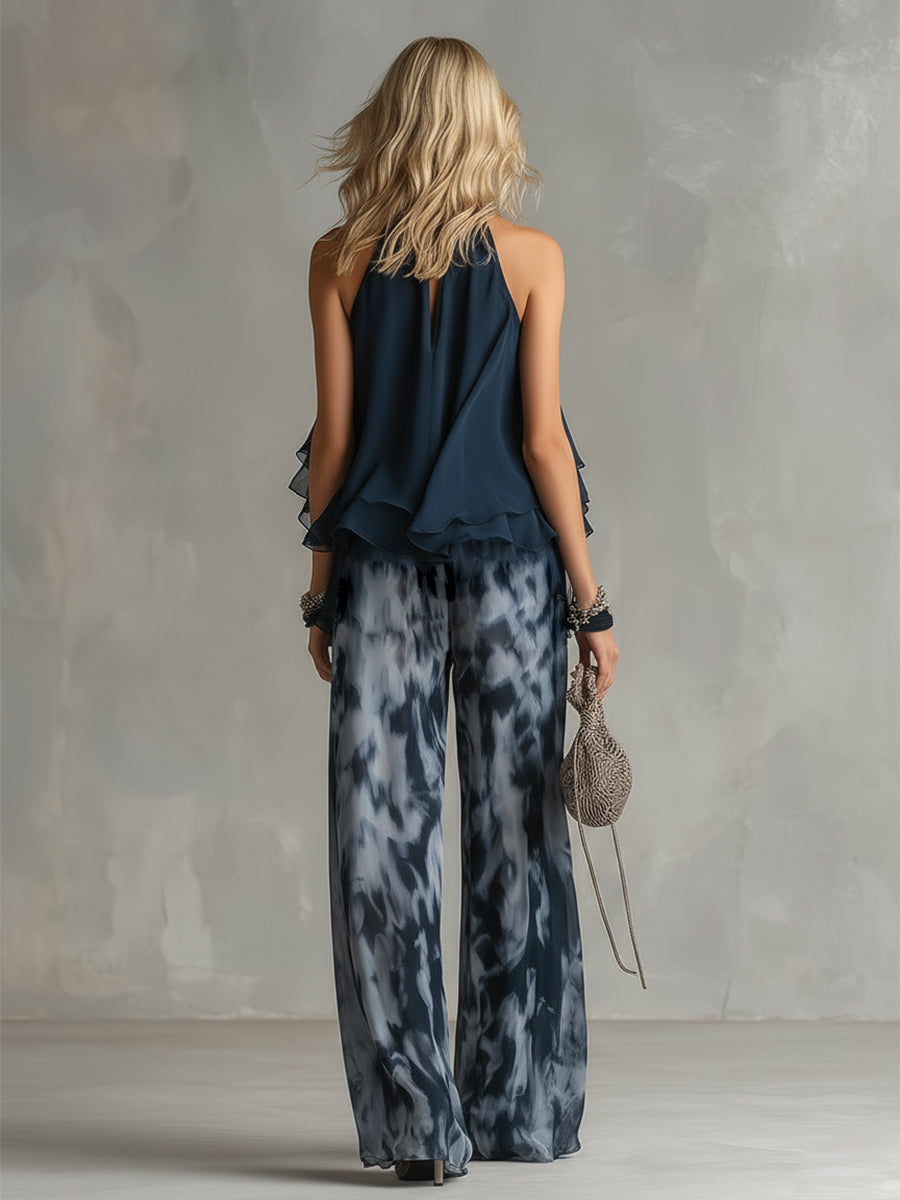 Ludovica | un elegante conjunto de gasa con top de cuello alto y pantalones anchos estampados
