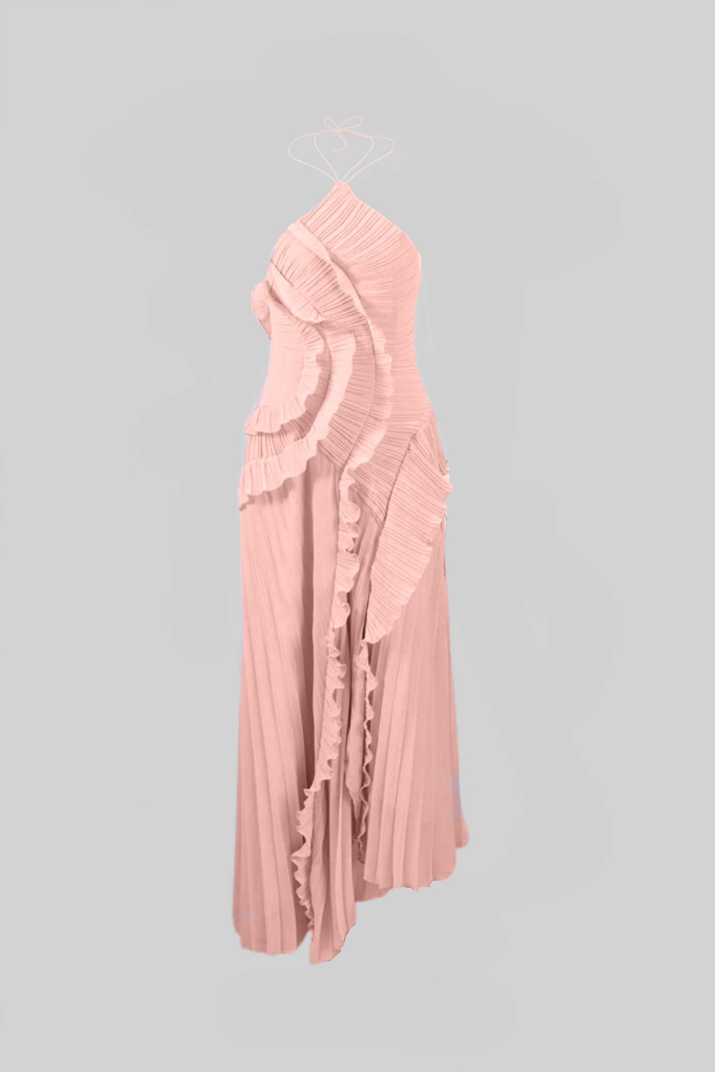 Vestido midi con cuello halter plisado y volantes en cascada - Rosa
