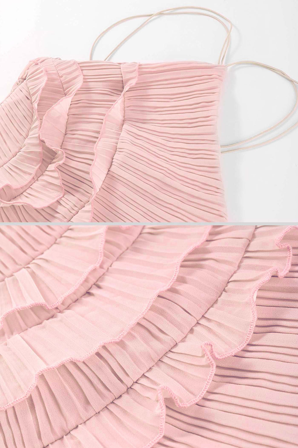 Vestido midi con cuello halter plisado y volantes en cascada - Rosa