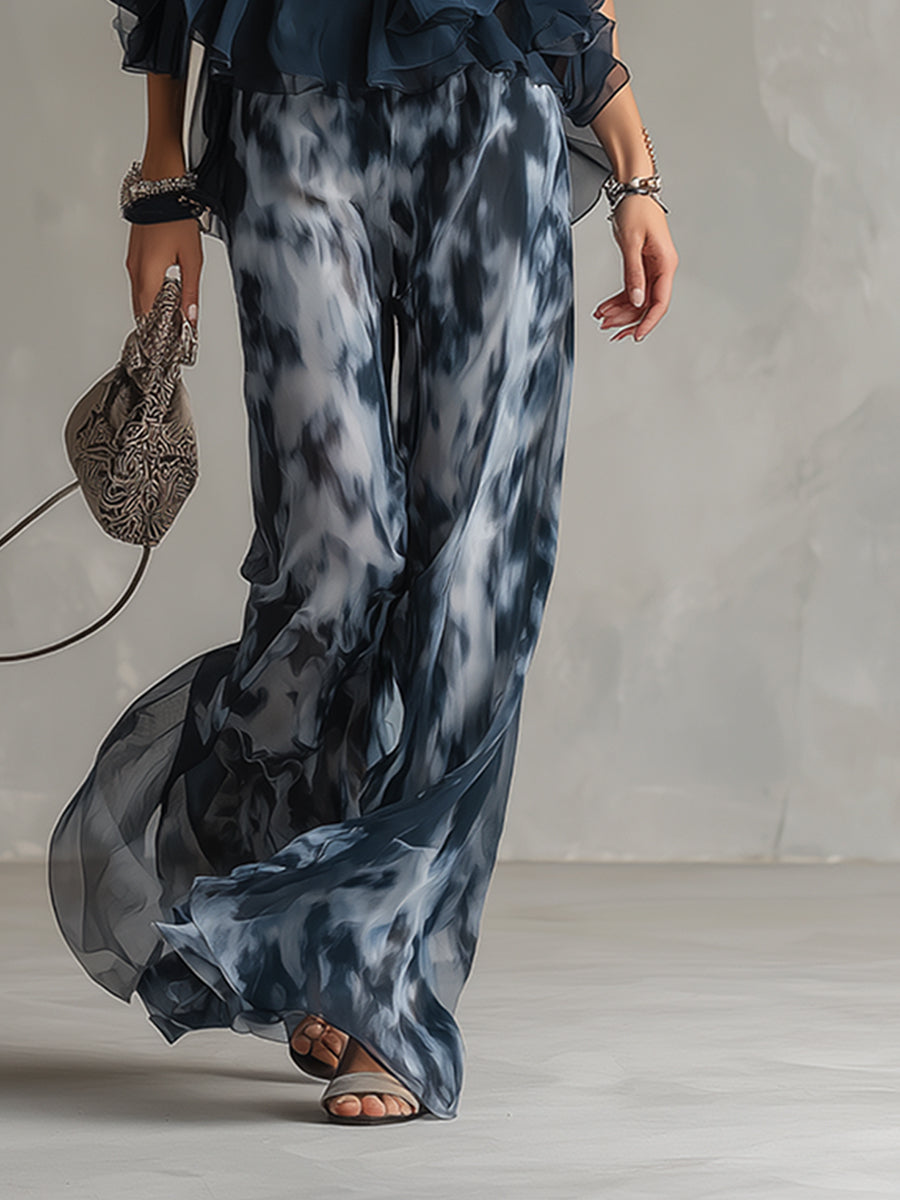 Ludovica | un elegante conjunto de gasa con top de cuello alto y pantalones anchos estampados