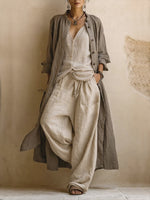 Conjunto de 3 piezas de estilo bohemio informal, compuesto por un cárdigan largo, un top sin mangas y unos pantalones de lino y algodón