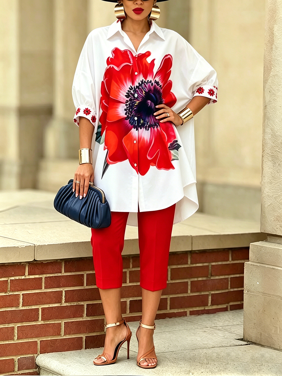 Conjunto coordinado de camisa y pantalones «Scarlet Bloom», elegante y con mucho estilo