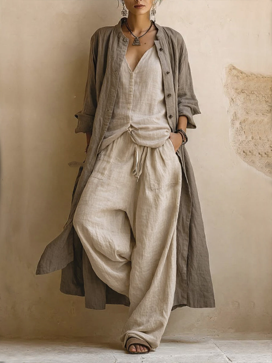 Conjunto de 3 piezas de estilo bohemio informal, compuesto por un cárdigan largo, un top sin mangas y unos pantalones de lino y algodón
