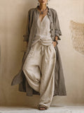 Conjunto de 3 piezas de estilo bohemio informal, compuesto por un cárdigan largo, un top sin mangas y unos pantalones de lino y algodón