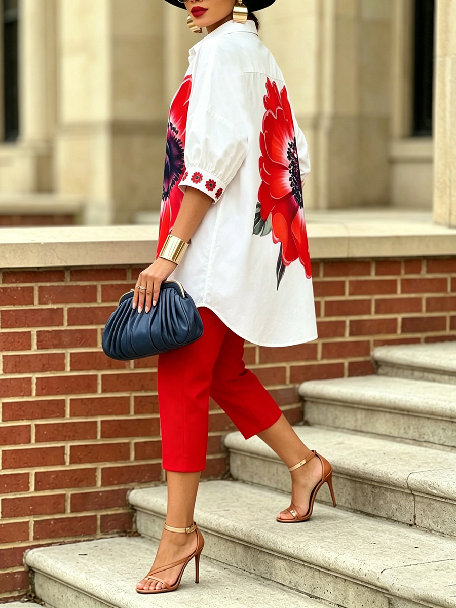 Conjunto coordinado de camisa y pantalones «Scarlet Bloom», elegante y con mucho estilo