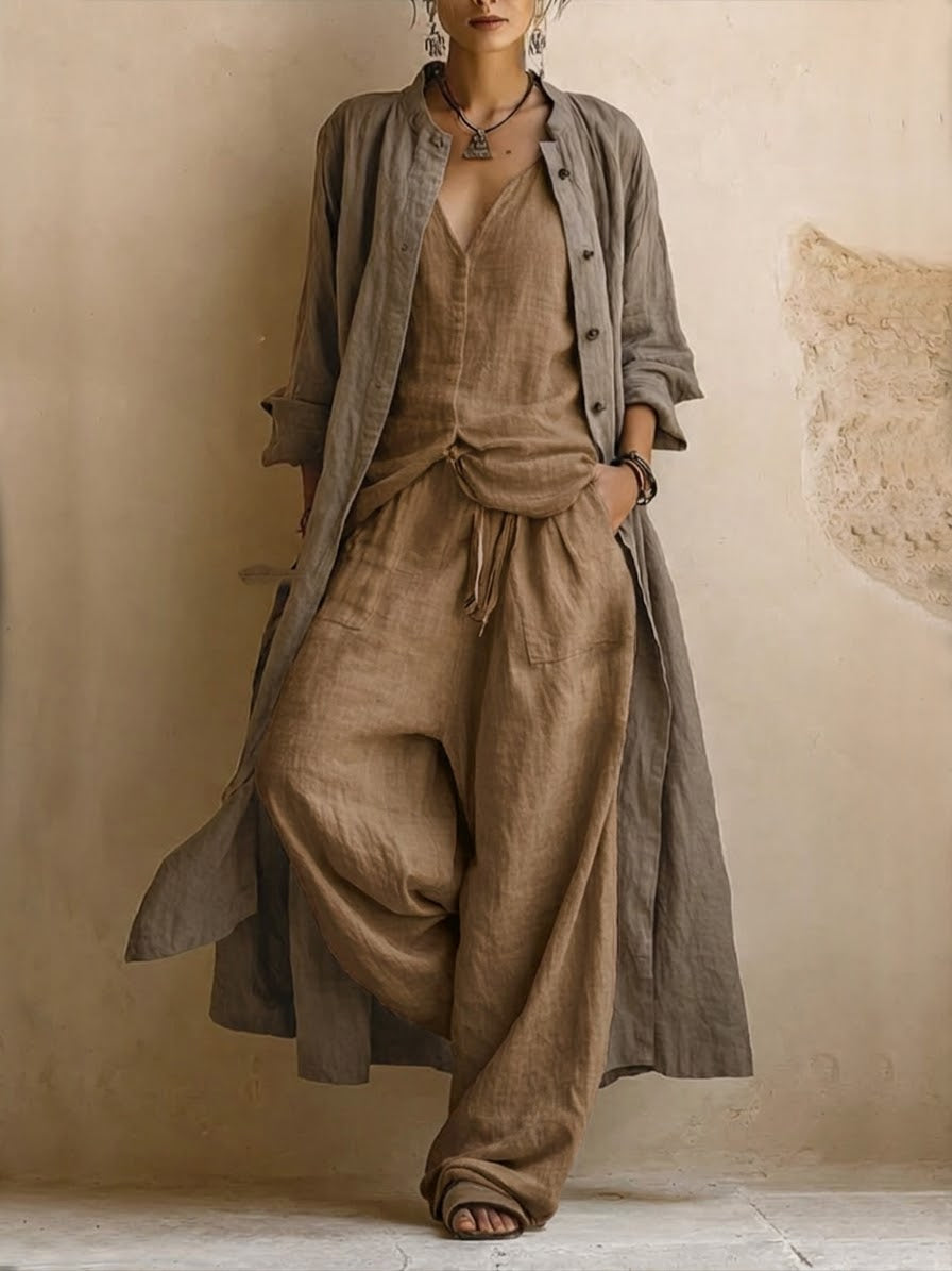 Conjunto de 3 piezas de estilo bohemio informal, compuesto por un cárdigan largo, un top sin mangas y unos pantalones de lino y algodón