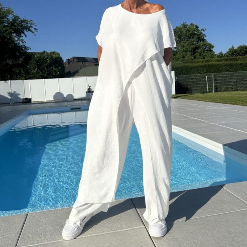 Conjunto de top y pantalones lisos con hombros al aire