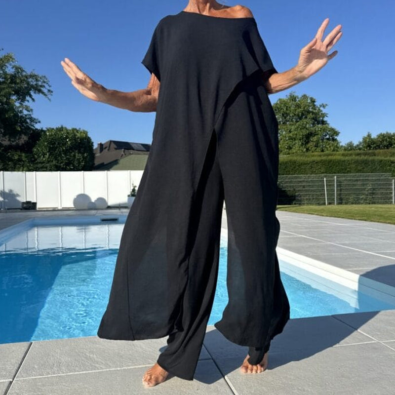 Conjunto de top y pantalones lisos con hombros al aire