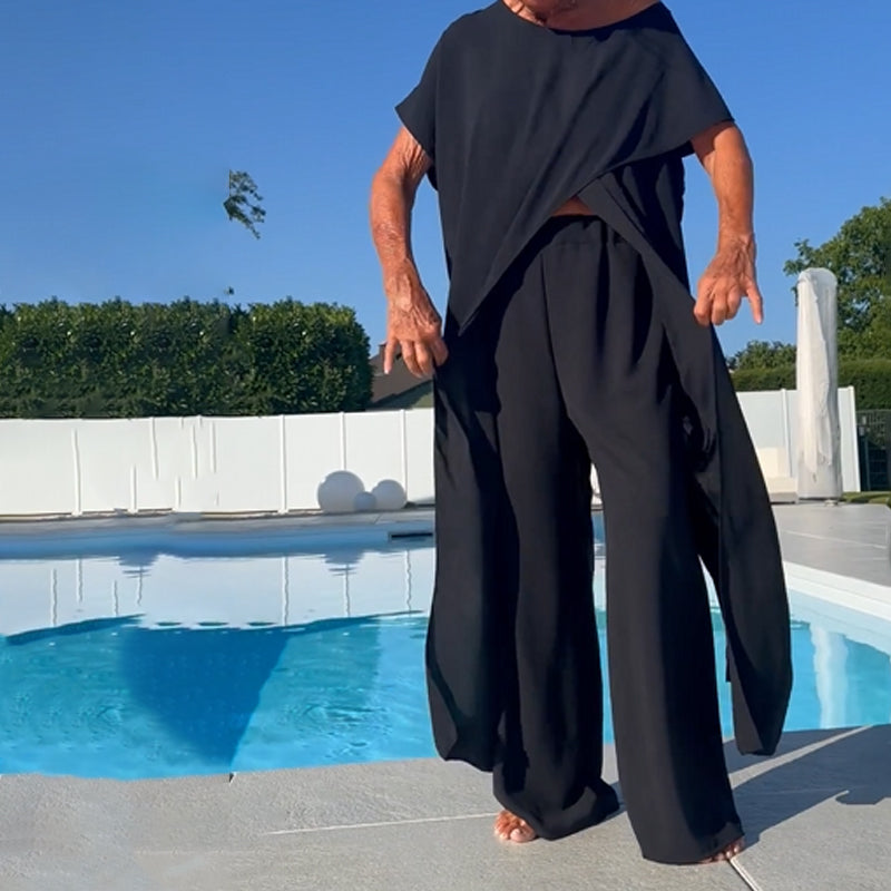 Conjunto de top y pantalones lisos con hombros al aire