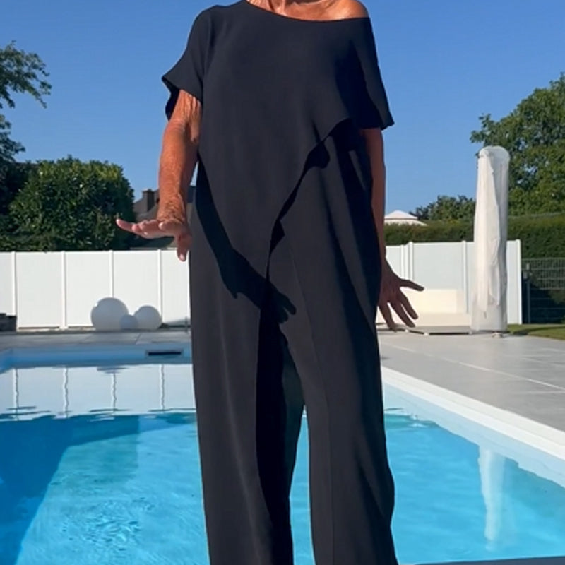 Conjunto de top y pantalones lisos con hombros al aire