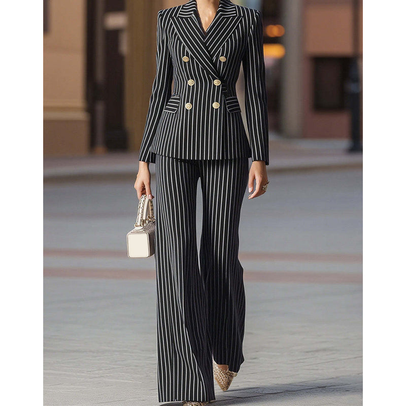Conjunto de traje de doble botonadura a rayas para mujer