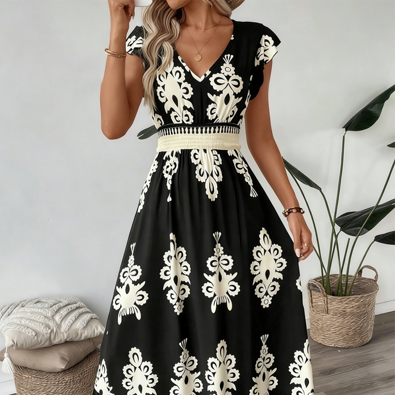 🌞 Novedades para primavera y verano👗 Vestido largo barroco con cuello en V: cintura de alta calidad, tejido que no se arruga; perfecto para las vacaciones y el día a día ✨🌿