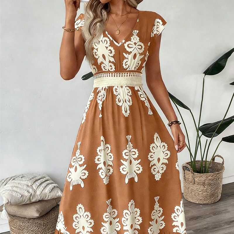 🌞 Novedades para primavera y verano👗 Vestido largo barroco con cuello en V: cintura de alta calidad, tejido que no se arruga; perfecto para las vacaciones y el día a día ✨🌿